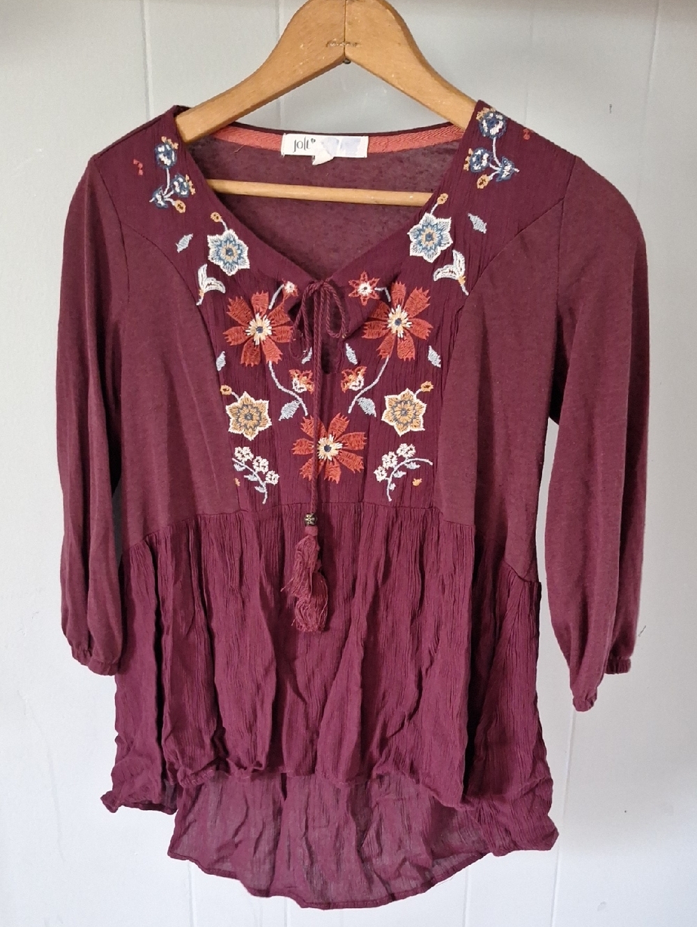 Joie Burgundy Embroidered Peasant Blouse